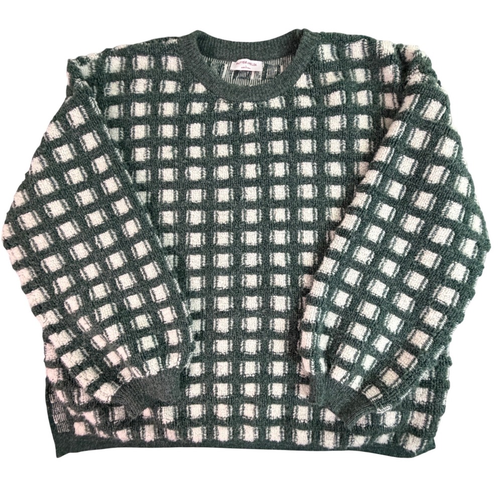 Butter‎ Melon Green White Checkered Knit Sweater Crewneck Size L
